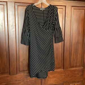 Sunday in Brooklyn Faux Wrap Asymmetrical Hem Tiered Sleeve Black Stripe Dress M